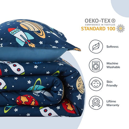 SLEEP ZONE Kids Bedding Comforter Set Full/Queen Size - Super Soft & Cute Printed 3-Piece Comforter Set All Seasons for Boys, Girls, Fade Resistant, Machine Washable, Rocket Galaxy