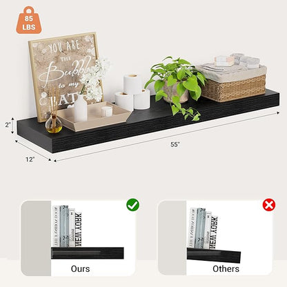 Heimlove 12 Inch Deep Floating Shelves, 55 x 12 inches Long Wall Shelf, Large Extra Display Shelf & Storage Shelf, Rustic Wood Wall Shelves for Fireplace Mantel, Set of 1(Black)