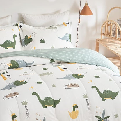 Joyreap Dinosaur Kids Cotton Comforter Set for Boys Girls, Full/Queen Size 3pcs Cotton Bedding Comforter, Fresh Green Dinosaurs on White Design, Skin-friendly Breathable for All Season- 88x88 inches