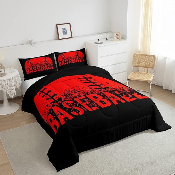 Baseball Comforter Set Full Size Kids Red Black Sports Quilt Bedding Set For Boys Girls,Reversible Black Bedding Comforter Sets Soft Lightweight For All Season,1 Comforter And 2 Pillow Cases