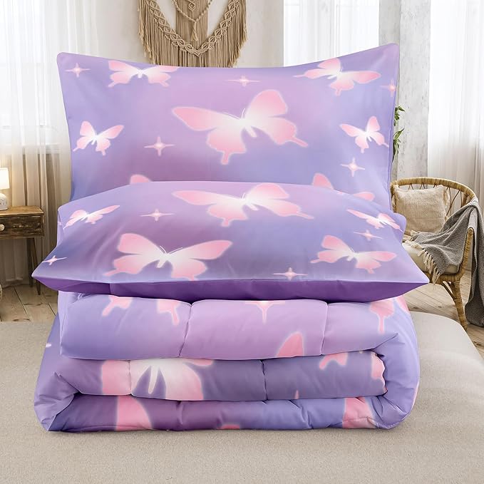 Tailor Shop Butterfly Comforter Sets King Size,Purple Pink Butterfly Bedding Sets for Girls Kids Teens with 2 Pillowcase…