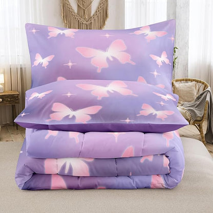 Tailor Shop Butterfly Comforter Sets King Size,Purple Pink Butterfly Bedding Sets for Girls Kids Teens with 2 Pillowcase…