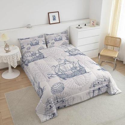 Nautical Comforter Set Sailboat Down Comforter Full,Blue White Vintage Style Quilted Duvet Set Luxury Anchor Crab Pattern Bedding Insert Set for Kids, Adult Teen Boys Girls Bedroom Ocean Beach Decor