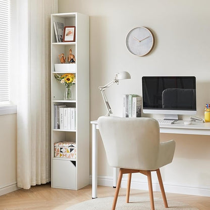IBUYKE 6 Tier Tall Narrow Bookcase, Modern White Corner Bookcase with Doors Storage,Cube Media Tower Rack,Cabinet,Floor Standing Display Storage Shelves for Small Spaces,for Home Office White UWBC001W