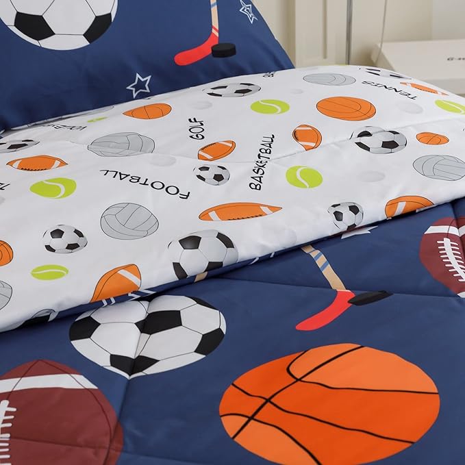 RYNGHIPY Kids Sports Theme Bedding Set, Basketball Football Baseball Tennis Print Comforter Set for Teens Boys Girls, Super Soft Lightweight (Balls,Queen)