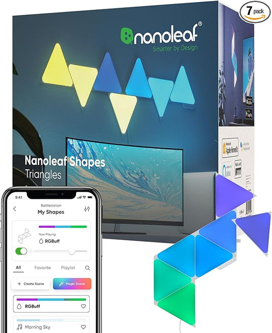 Nanoleaf Shapes WiFi and Thread Smart RGBW 16M+ Color LED Dimmable Gaming and Home Decor Wall Lights Smarter Kits (Triangles Smarter Kit (7 Pack)