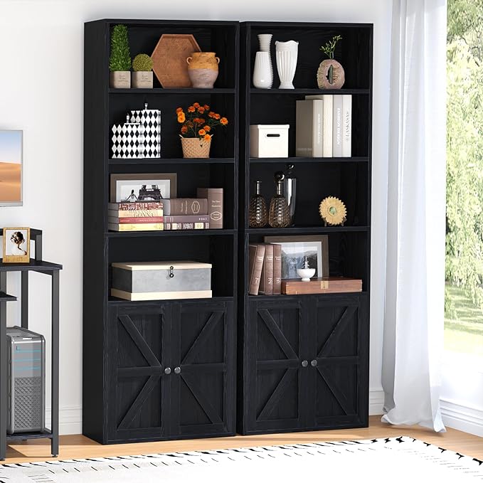 oneinmil 6 Tier Bookshelf and Bookcase, Wooden Bookshelves with Cabinet Doors, Floor Bookshelves and Office Storage Cabinets for Home Office, Living Room,Black