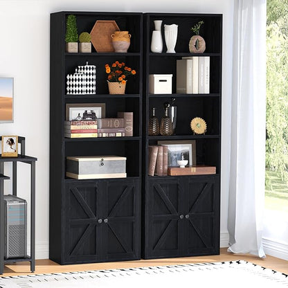 oneinmil 6 Tier Bookshelf and Bookcase, Wooden Bookshelves with Cabinet Doors, Floor Bookshelves and Office Storage Cabinets for Home Office, Living Room,Black