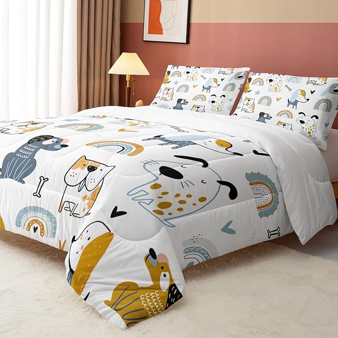 Datura home Kawaii Dogs Comforter Set Cute Dogs and Rainbow Printed Quilt Bedding Set with 1 Comforter and 2 Pillowcases for Boys and Girls Bedroom All Season(Dogs Full)