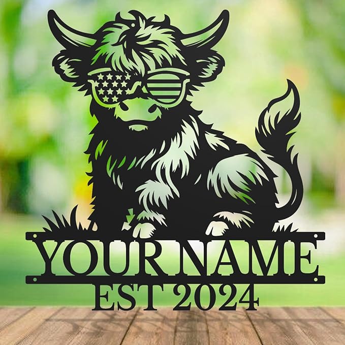 Personalized Highland Cow Name metal Signs,Custom Highland Cow Metal Shed Wall Decor,Black Metal Wall Art Plaques Outdoor wall Decorative Signage (Style C)