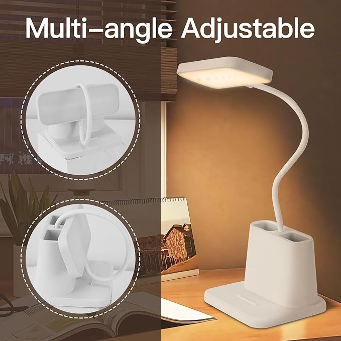 Desk Lamps for Home Office,3 Lighting Modes, Adjustable Brightness, Adjustable Gooseneck Reading Lamp,Rechargeable,Battery Operated Children's Eye Protection Learning Lamp with Pen Holder