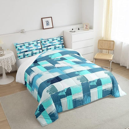 Teal Blue Stripes Comforter Set for Girls Boys Kids Turquoise Stripe Line Bedding Set Geometric Down Comforter Room Decor Abstract Art Gradient Ombre Quilt King Size Duvet Set 3Pcs Boys