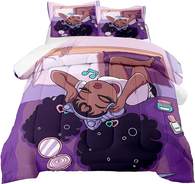 Black Girls Magic Comforter Sets, African American Girl Love Music Purple Designs Soft Fluffy Comforter Duvet, Full Size Afro Pretty Girls Comforter Set for Teens Kids Princess Cute Room Decor