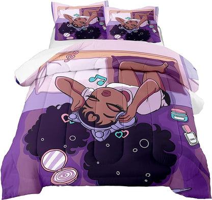 Black Girls Magic Comforter Sets, African American Girl Love Music Purple Designs Soft Fluffy Comforter Duvet, Full Size Afro Pretty Girls Comforter Set for Teens Kids Princess Cute Room Decor
