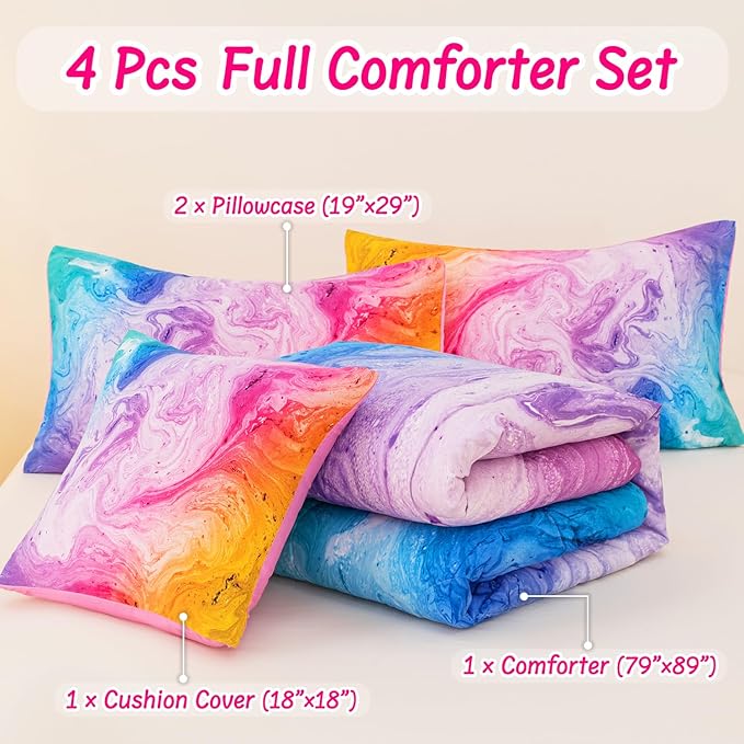 4 Pcs Tie Dye Full Comforter Set for Girls, Watercolor Marble Abstract Art Superior Kids Bedding Sets Full Size, Pink Purple Blue Colorful Teenage Girls Comforter Sets