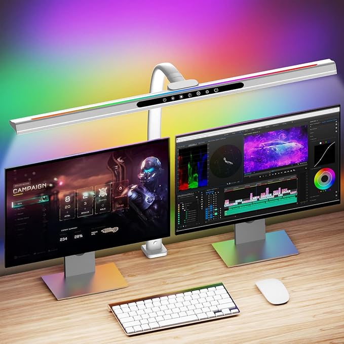 LED Desk Lamp with RGB Backlight, 24W Ultra Bright Architect Workbench Desk Lamps, 60" Timer, 25 Lighting Modes,Eye Protection Clamp Light for Home Office Gaming Reading Working(White)
