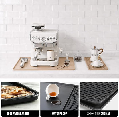 Caketime 2 In 1 Silicone Coffee Bar Mat Accessories for espresso Machine with Detachable Dish Drying Rug Waterproof Kitchen Office House Gadgets Under Sink Drainer Supplies 16"x20" Beige