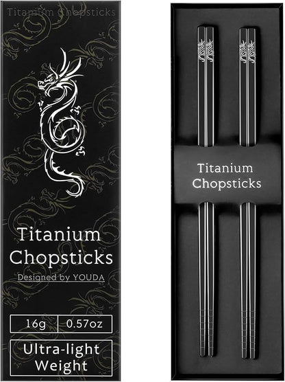Youda 99.8% Pure TITANIUM Chopsticks Ultralight and Reusable Chopsticks for Camping, Home, Travel (2 Pairs)