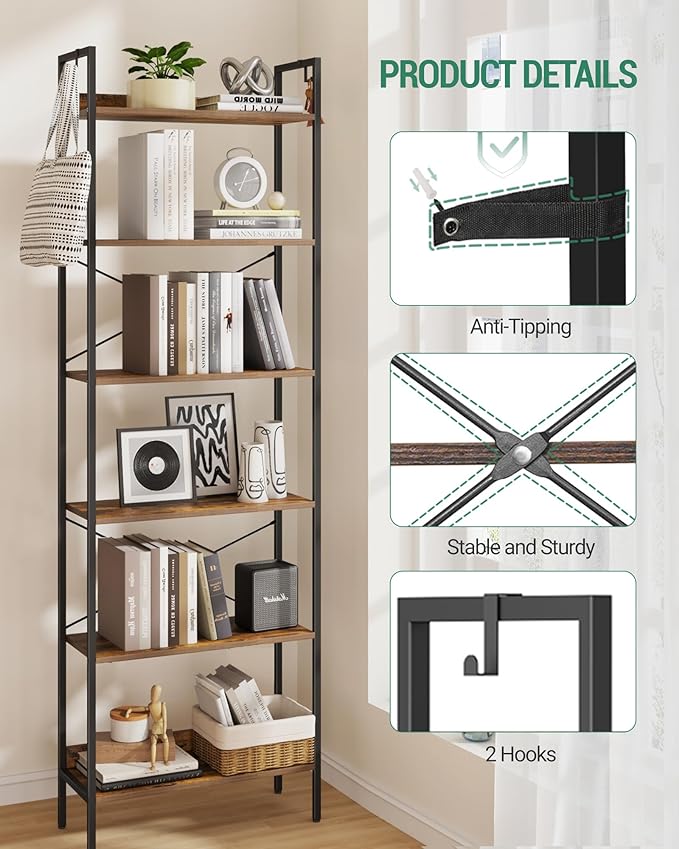 Bookshelf, Book Shelf, Industrial Bookcase with 2 Hooks, Coner Shelf Storage Organizer for Home Office, Living Room, Bedroom, Kitchen, 6-Tier Rustic Brown BC22701B