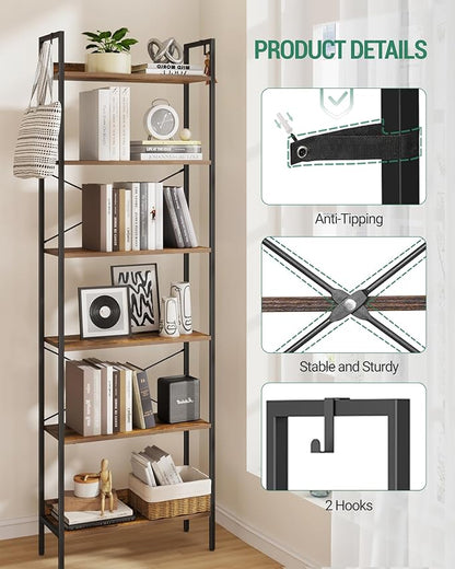Bookshelf, Book Shelf, Industrial Bookcase with 2 Hooks, Coner Shelf Storage Organizer for Home Office, Living Room, Bedroom, Kitchen, 6-Tier Rustic Brown BC22701B