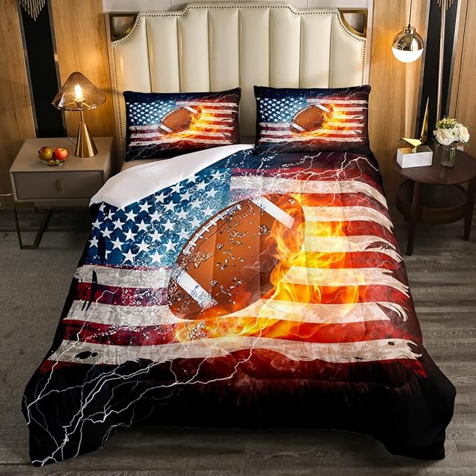 Boys American Football Comforter Set, United States Flag Down Comforter Twin Size, Soccer Sports Games Bedding Set for Kids Teens Adult Men, Geometric Stripes Retro Duvet Sets, Blue White and Red