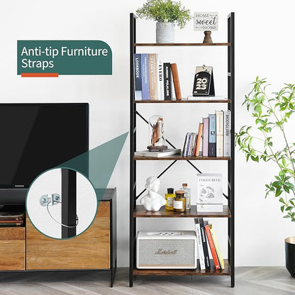 Yoobure 5 Tier Bookshelf - Tall Book Shelf Modern Bookcase for CDs/Movies/Books, Rustic Book Case Industrial Bookshelves Book Storage Organizer for Bedroom Home Office Living Room Rustic Brown