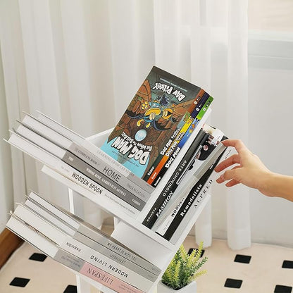 Small Bookshelf with Drawer,4 Tier Tree Book Shelf,Wood Desk Bookshelves,Modern Free Standing Desktop Display Shelves,White Floor Standing Organizer Bookcase for Living Room,Bedroom,Office