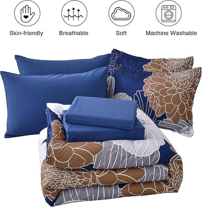 Yiran 7 Pieces Floral Comforter Bedding Sets Bed in a Bag Navy Brown Soft Microfiber Comforter Set with Comforter, Sheets, Pillowcases & Shams King Size 103"×90"