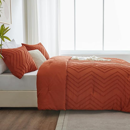 CozyLux King Size Comforter Set Burnt Orange - 3 Pieces Terracotta Boho Tufted Shabby Chic Bedding Comforter Set for All Seasons, Chevron Bedding Sets with Comforter & 2 Pillow Shams