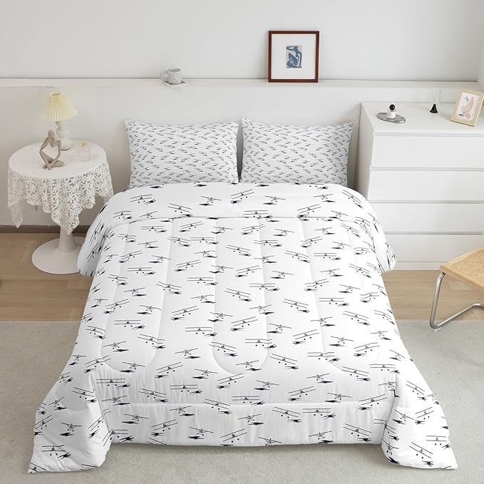 Airplane Bedding Set Full Size Flight Comforter Set for Kids Boys Girls Decor Vintage Aircraft Comforter Helicopter Flying Plane Blue and White Duvet Set Bedroom Quilt Set
