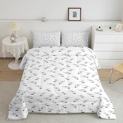 Airplane Bedding Set Full Size Flight Comforter Set for Kids Boys Girls Decor Vintage Aircraft Comforter Helicopter Flying Plane Blue and White Duvet Set Bedroom Quilt Set