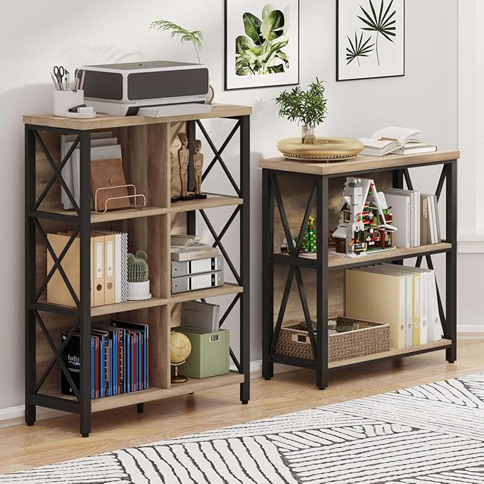 FATORRI Rustic 6 Cube Storage Organizer Shelf, Wood and Metal Cubby Bookcase, Industrial 4 Tier Cube Bookshelf (Rustic Oak)