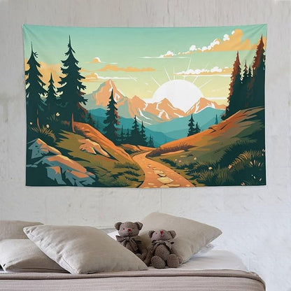 HZOHNAGO Mountain Tapestry Forest Mountain Sunrise Road Pattern Printed Wall Tapestry Wall Hanging for Bedroom Living Room Dorm 90" W x 60" H
