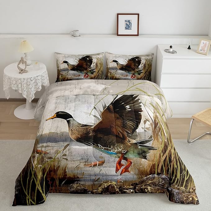 Mallard Duck Bedding Set Boys Girls Wild Duck Hunting Comforter Set for Kids Women Men Soft Lodge Cabin Farmhouse Comforter Quilt Room Decor Twin Size Duvet Set Boys