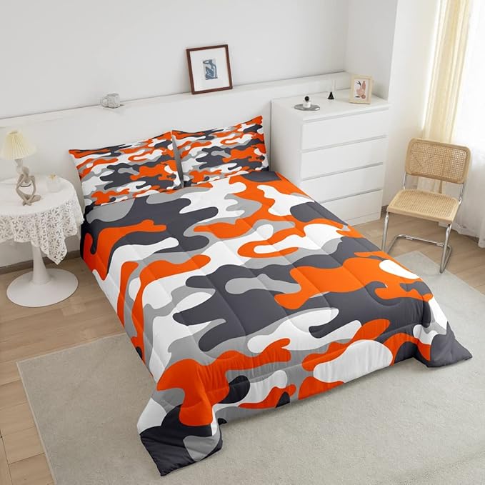 Feelyou Twin Size Camouflage Comforter Set 3Pcs Kids Bedding Set for Boys Girls Teens 1 Comforter & 2 Pillowcases(Twin,Orange)