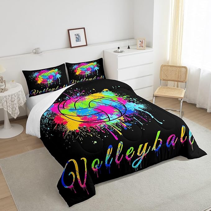 Feelyou Kids Volleyball Comforter Set Queen Size Sports Game Bedding Set for Boys Girls Teens Bedroom Decor Tie Dye Comforter Women Men Volleyball Player Duvet Set with 2 Pillow Case