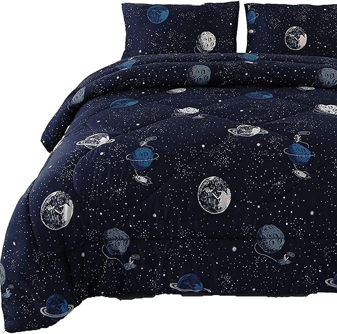 ENJOHOS Space Bedding Comforter Set Twin Size for College Boy, 3 Pieces Twin/Twin XL Galaxy Summer Bedding, Lightweight Soft Microfiber Universe Blanket Comforter, Dark Blue Comforter for Kid