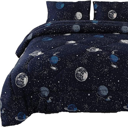 ENJOHOS Space Bedding Comforter Set Twin Size for College Boy, 3 Pieces Twin/Twin XL Galaxy Summer Bedding, Lightweight Soft Microfiber Universe Blanket Comforter, Dark Blue Comforter for Kid