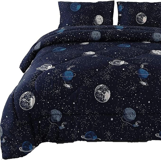 ENJOHOS Space Bedding Comforter Set Twin Size for College Boy, 3 Pieces Twin/Twin XL Galaxy Summer Bedding, Lightweight Soft Microfiber Universe Blanket Comforter, Dark Blue Comforter for Kid