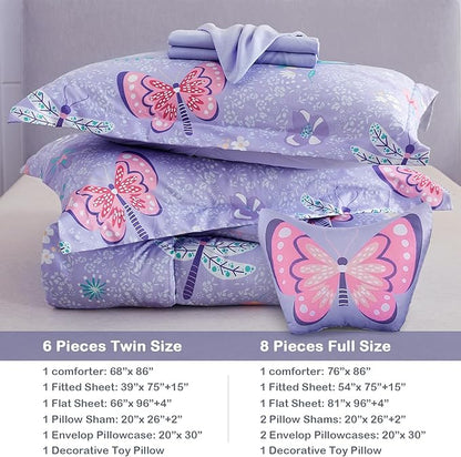Mooreeke Bed in a Bag for Kids Girls Teens, 6 Pieces Twin Size Comforter Bed Set with Shams, Sheet Set and Decorative Toy Pillow, Butterfly Purple Super Soft Microfiber Kids Comforter Bedding Set