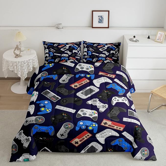 Erosebridal Teens Gamer Comforter Set King Size, Modern Game Down Comforter for Kids Boys Children, Video Game Bedding Set,Player Gaming Gamepad Joystick Soft Quilt Set Room Decor