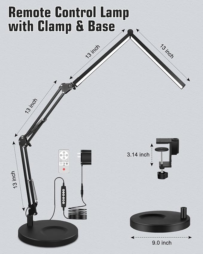 LED Desk Lamps for Home Office 2 in 1 Large Double Head Desk Lamp with Clamp & Base, Remote Control, Dimmable Architect Clip on Desktop Light Bar with Memory for Working, Crafting, Studying