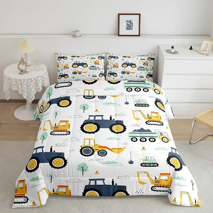 Tractor Comforter Set Queen, Cartoon Truck Bedding Set for Boys Girls Teens, Construction Tractor Down Comforter, Bulldozer Crane Equipment Duvet Set, Kawaii Vehicle Car Theme Comforter, Yellow Blue