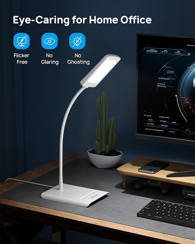 TROND LED Desk Lamp for Home Office, 3 Color Modes 7 Brightness, Dimmable Table Lamp, Eye Caring Reading Light, Gooseneck, Touch Control, 900LM Bright Desk Light for Study Task Dorm Room Essentials