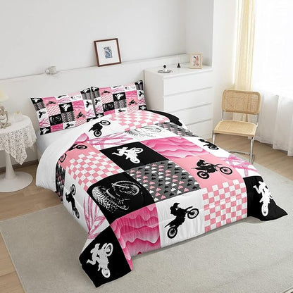 Motocross Comforter Set, Dirt Bike Bedding Sets & Collections Queen, Motorcycle Rider Down Comforter For Kids Boys Girls, Motorbike Extreme Sport Game Comforter Set, Buffalo Plaid, Pink Grey Black