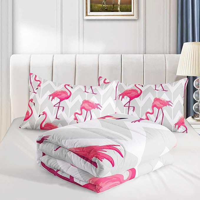 Flamingo Comforter Set Twin Size Tropical Flamingo Geometric Stripe Bedding Set Flamingo Quilted Duvet for Kids Girls Boys Adult with 1 Comforter and 2 Pillowcases