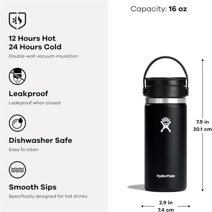 Hydro Flask Water Bottle - Insulated Stainless Steel - Wide Mouth Flex Sip, Non Spill, Leakproof and Refillable in 16 Oz Trillium Pink