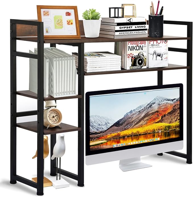 Desktop Bookshelf, 2-Tier Multipurpose Wood Bookcase for Computer Desk, Countertop Storage Hutch Display Rack Organizer for Dorm Office Home - Brown