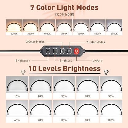 HITTI Large Half Moon Light for Nail Desk with Phone Holder, Foldable Nail Tech Light, Lash Table Lamp with Wire Controller & Remote, 7 Color Modes 10 Brightness for Extension Tattoo Craft Beauty