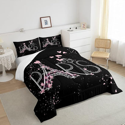 Eiffel Tower Comforter Set Chic Paris Bedding Set Romantic Theme Comforter for Boys Girls Children Teens Black Pink Bedroom Decor Modern French Style Duvet Set Twin Size with 1 Pillow Case